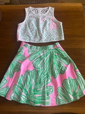 Lilly Pulitzer White Eyelet Crop Top and Pink Green Floral Skirt Set Kids sz 16